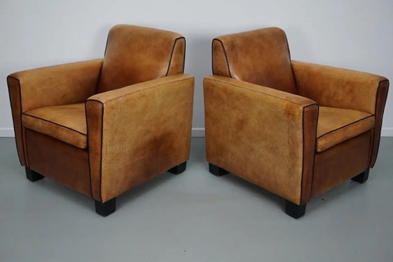Image 1 of Vintage Nederlandse clubfauteuils van cognackleurig leer, set van 2