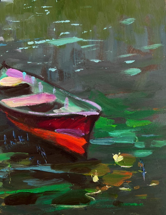 Image 1 of Original Oil Painting Summer Bridge Landscape Girls are walking by the river