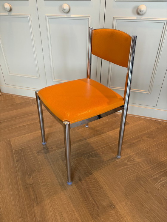 Set of six dining chairs, orange with chrome, Metal, Skai, Vintage (photo 2 of 7)