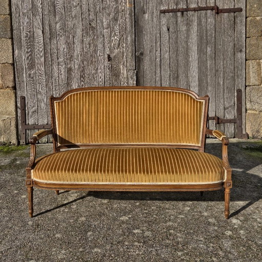 French Antique green Velvet Sofa - Solid Wood Lounge Seater-Claude Sené Style - Louis XVI-late 1900th