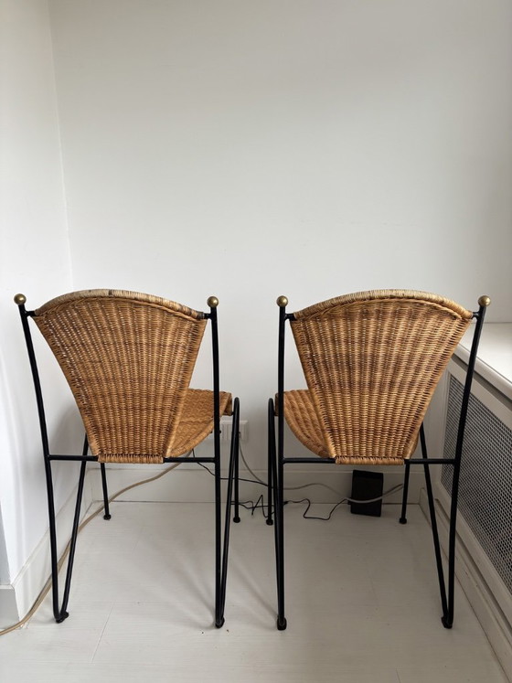 Set aus 6 Frederic Weinberg Stühlen, 1950er Jahre, Frederick Weinberg, Esszimmerstühle, Metall, Rattan (Foto 12 von 13)