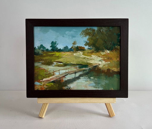 Original Oil Painting Summer Bridge Landscape The road to the village