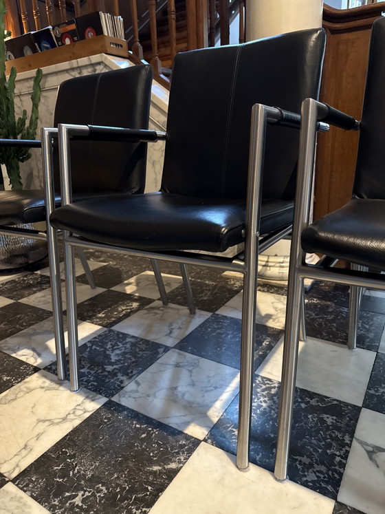 6 Black Minimalist Italian Dining Chairs, Design From the 80s or 90s. – Leather (photo 2 of 5)