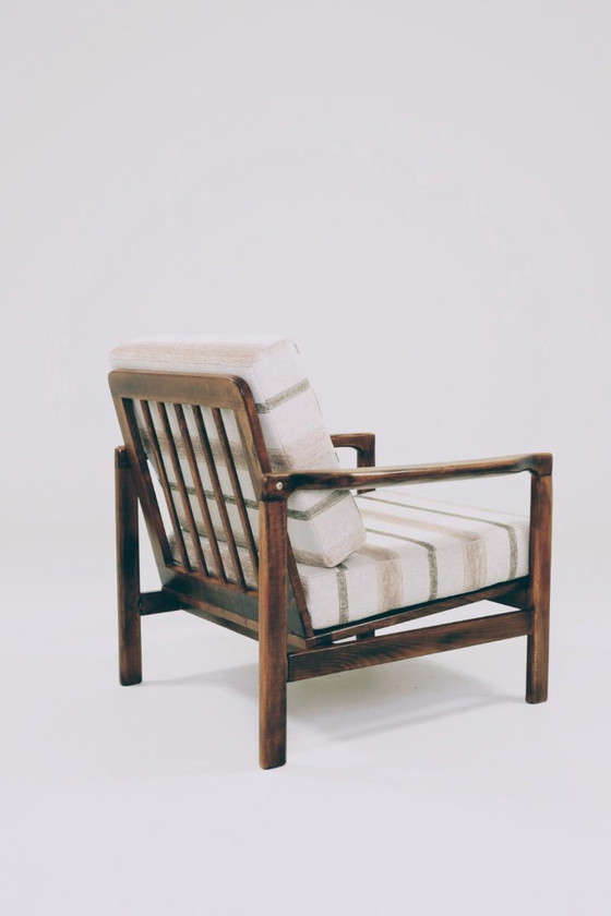 Image 1 of Vintage fauteuil naturel Lin beige wit gestreept houten frame 1965 mcm design