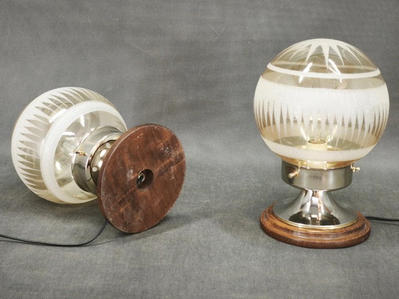 Paar italienischer Tischlampen aus geätztem Glas, Chrom und Holz, 1950er Jahre – Metal (photo 6 of 9)