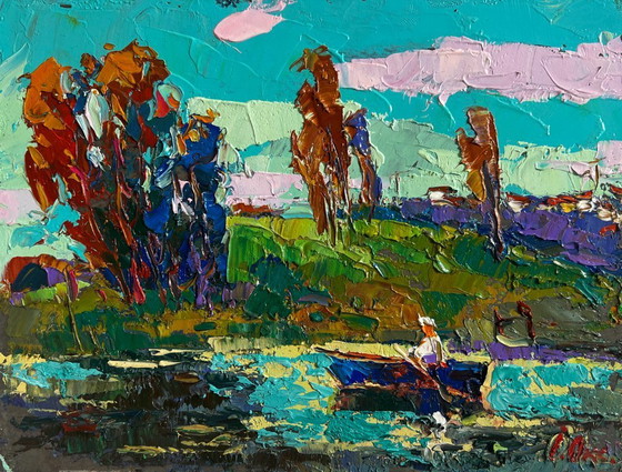 Image 1 of Original Oil Painting Summer Coastal Landscape Relaxation on the river
