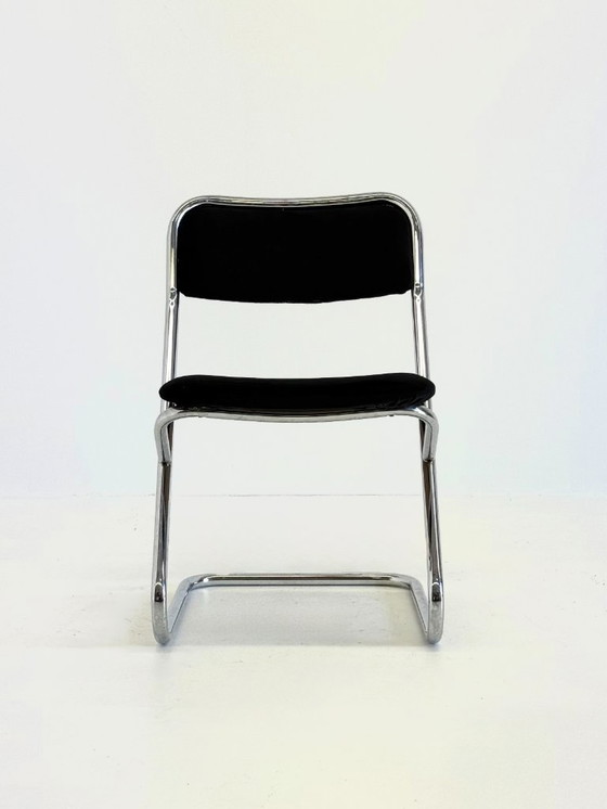 Image 1 of Set of 4 vintage tubular frame dining chairs in black velvet
