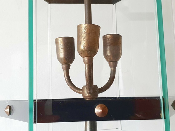 Image 1 of Vintage hanglamp uit de jaren 50 van glas en messing in rockabilly-stijl