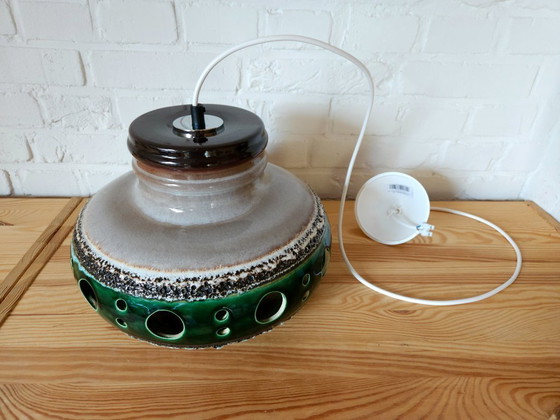 Image 1 of Keramieken aardewerken vintage XXL hanglamp van Herda, west germany fat lava stijl, keramische retro, groene hanglamp