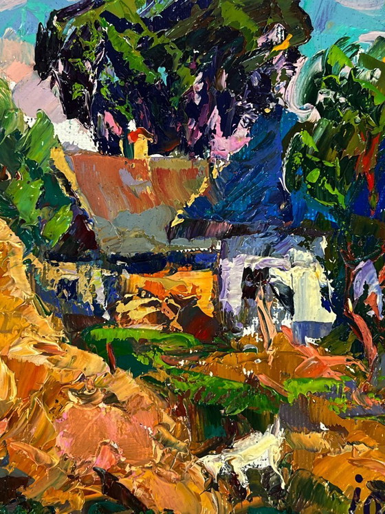 Image 1 of Original Oil Painting Rural Landscape Village The Goat in the Courtyard