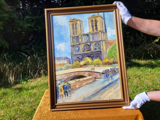 Original Parisian Street Scene Art, Notre Dame Cathedral & Seine River, Paintings & Drawings, Canvas (photo 2 of 10)