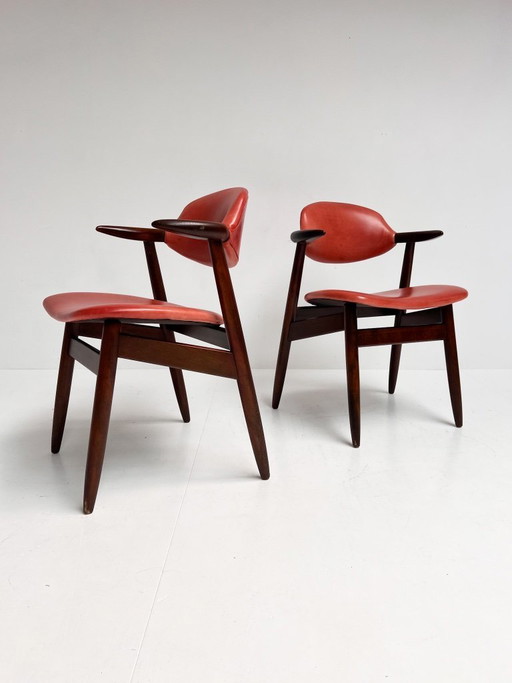 Roodkleurige lederen cowhorn chair, 1970's