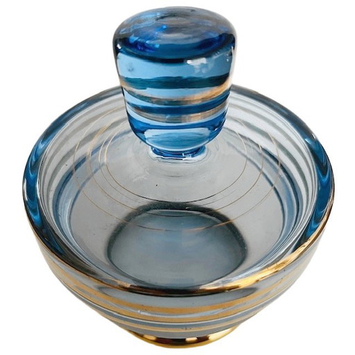Art Deco jewelry box glass blue gold 1950's