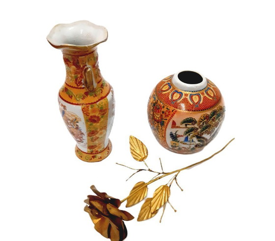 Image 1 of Two Vintage Chinese porcelain vases and brass rose