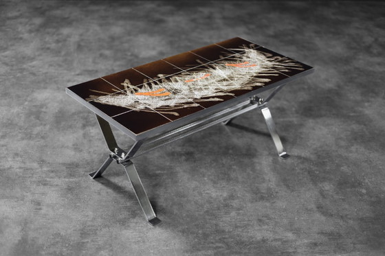 Image 1 of Table basse vintage moderne du milieu du siècle avec plateau en céramique carrelée, années 1970