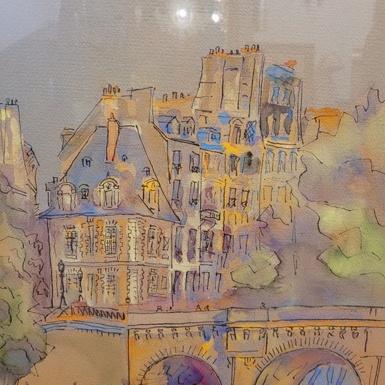Image 1 of Aquarelle sur papier « Pont Marie, Paris », post-impressionnisme, signée Gilis, 1962 - France