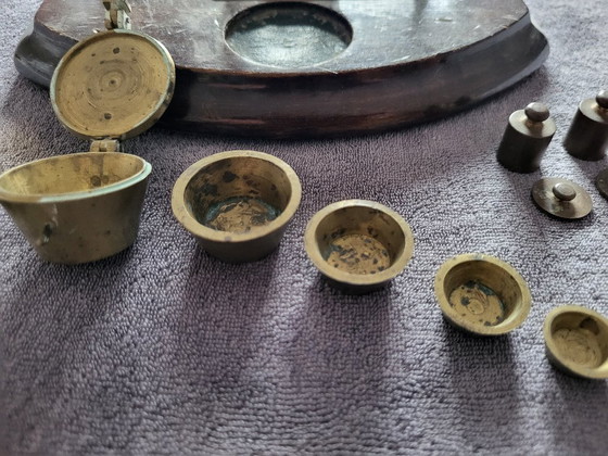 Image 1 of English letter scale with stack weights and a set of cup weights