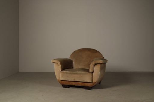 Art-Deco-Loungesessel mit originalem Samtbezug, Belgien, um 1930