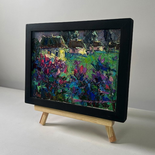 Original Oil Painting Night Village Landscape The first lilac over the field