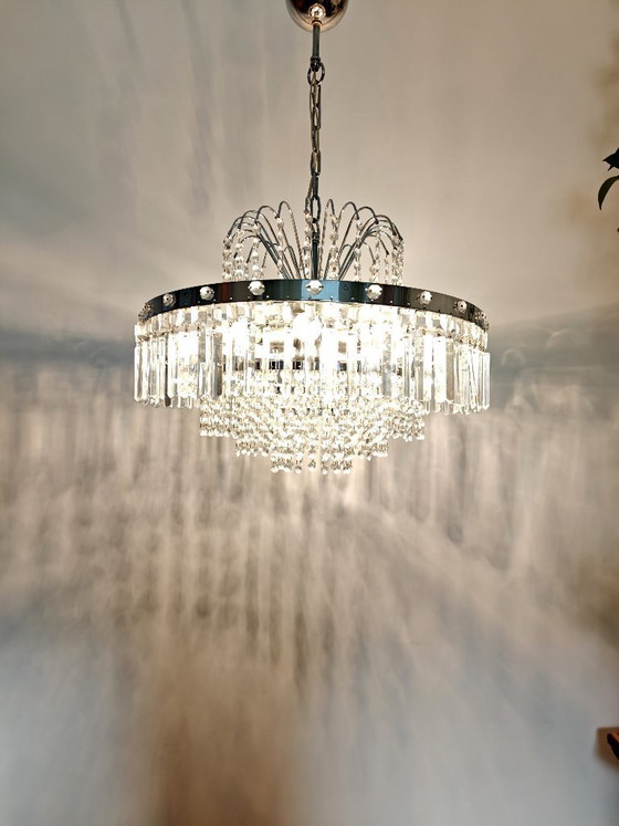 Image 1 of Mid Century Chrome Crystal Chandelier / Retro Tier Waterfall Ceiling Light / 1970s Hollywood Regency Pendant Lamp / Vintage Hang