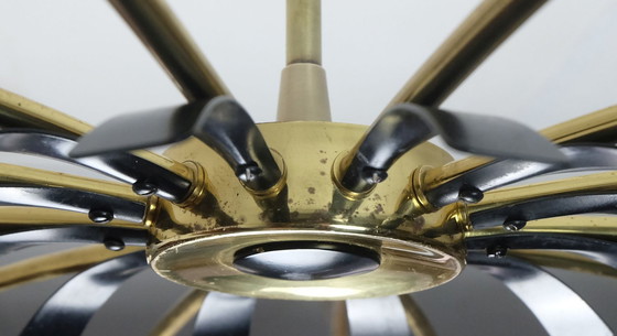 Image 1 of large 12-light sputnik spider ceiling light brass black metal 1950s mid century stilnovo era