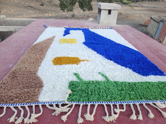 Tapis Beni Ouarain 300x200 cm – Laine épaisse, design artistique bleu Klein – Coton, Modern (photo 11 of 16)