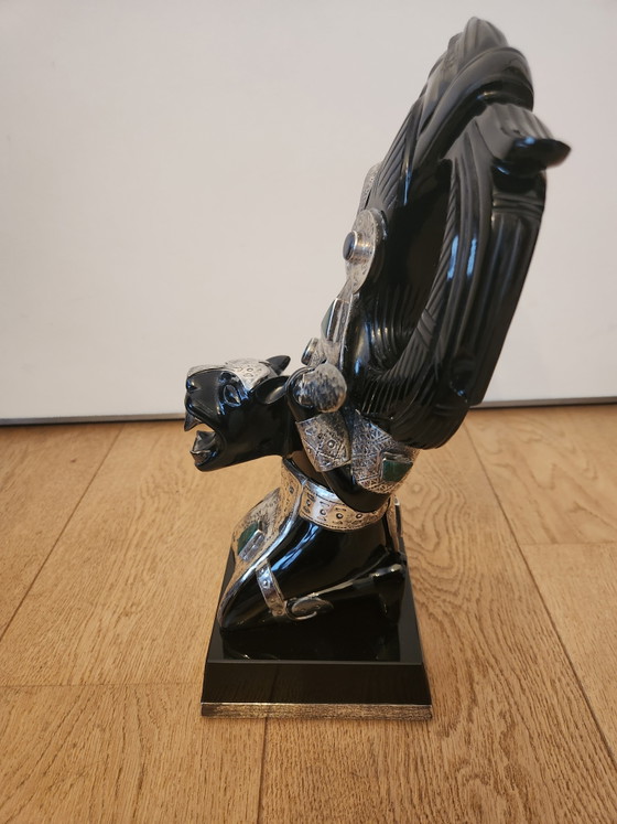 Image 1 of 2 large Mexican sculptures – Solid Obsidian & Alpaca/Silver with Turquoise inlay – 35 cm – Monumental weight: 8.8 kg!