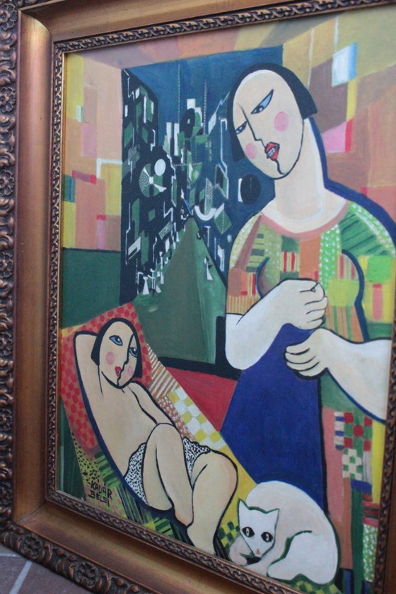 Image 1 of 1960s Béla Kádár (Attr.) Modernist Figural Composition Nude and Cat