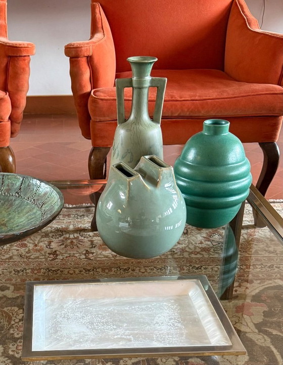 Image 1 of Mid-century Modern green spherical stoneware vase, Franco Bucci Italy ca. 1970