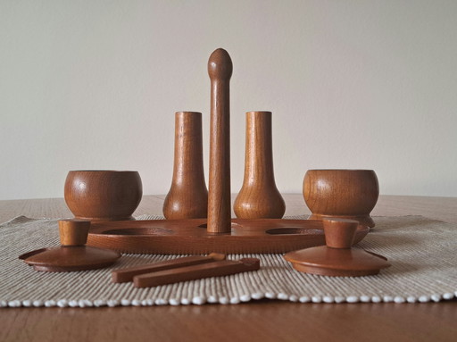 Mid-Century Teak Spice & Sugar Set – 6 Pieces – Vintage