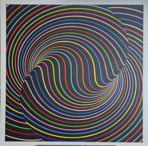Movement - abstract optical artwork in rainbow colors by Franklin van Dam (95 x 95 cm, acrylic on MDF)
