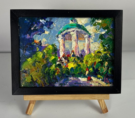 Image 1 of Peinture à l'huile originale représentant un paysage urbain estival dans un parc municipal