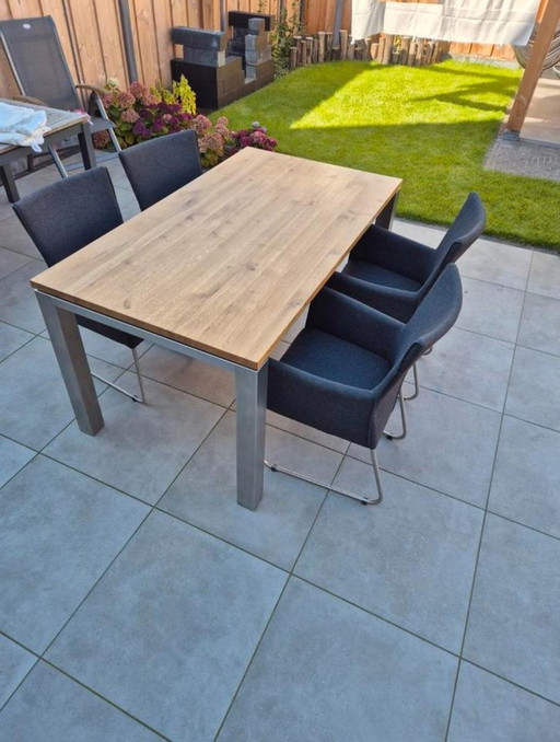 Rustic Oak Table With Brushed Stainless Steel Legs And 4 Anthracite Fabric