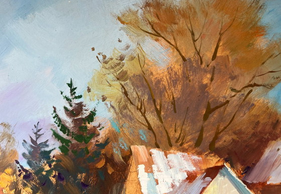 Image 1 of Pintura al óleo original Paisaje de pueblo nevado Montones de nieve invernales cerca de la casa