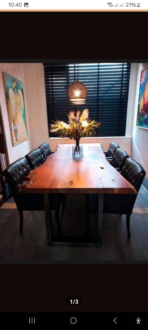 Beautiful treetable dining table with 6 captioned leather dining chairs