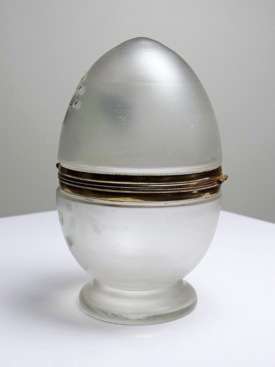 Image 1 of Boite oeuf verre givré émaillé et laiton ancien XIX-XXe