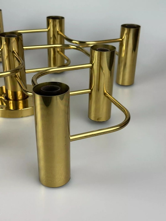 Image 1 of 60s 70s 9-lichts plafondlamp van Leola Leuchten Duitsland in messing