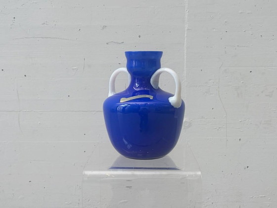 Image 1 of Handle vase made of blue opal glass by Opalina Fiorentina, Italy, 1960s