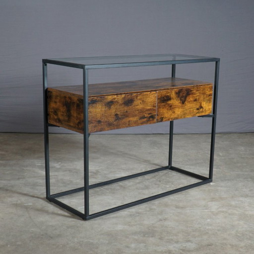 Industrieller Beistelltisch – schwarzes Metall – Glas – Holzschubladen – bijzettafels, Vintage