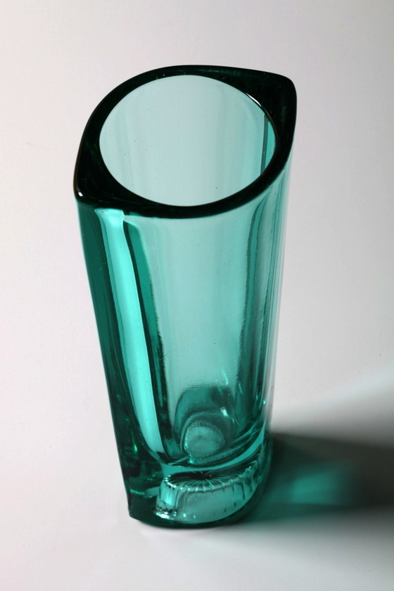 Image 1 of Stylish Turquoise Mid-century Pressed Glass Vintage Vase by Miloš Filip / Rosice / Czech Republic / 1963