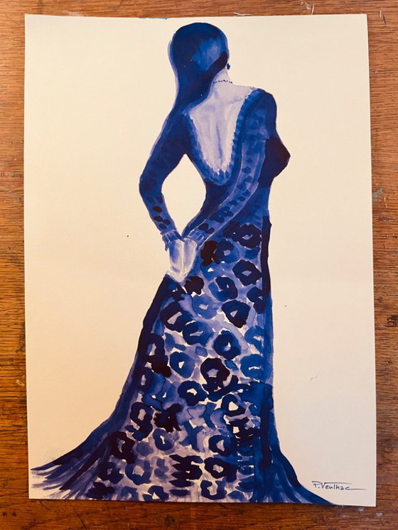 Image 1 of Monochrome indigo blue watercolor portrait of a woman "in a dress"