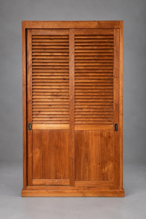 Teak Kleiderschrank mit Lamellen-Schiebetüren
