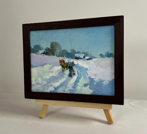 Original Oil Painting Winter Field Landscape Winter journey with a horse