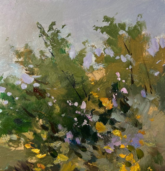 Image 1 of Peinture à l'huile originale Paysage de route d'été Un chemin à travers le silence de la forêt