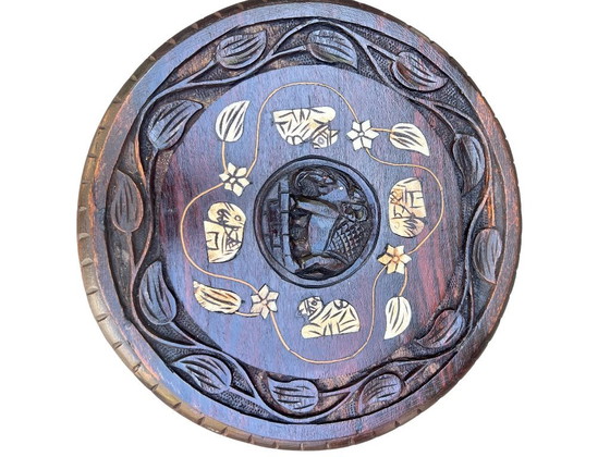 Image 1 of Unique wooden side table/flower stool with elephant head design and inlays ca. 1920-1930s