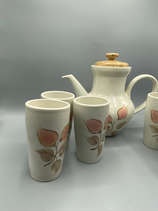 Salins France aardewerk koffieservies – koffiepot en 6 kopjes – roze bloemendesign – Cork (photo 2 of 12)