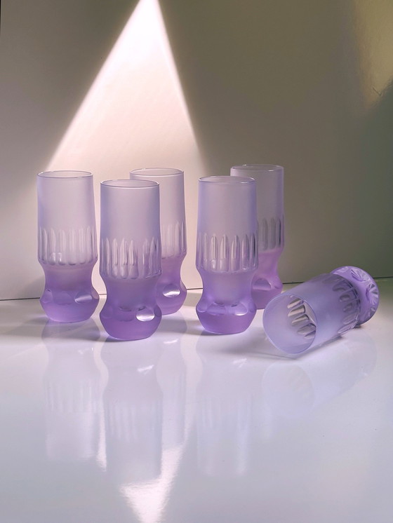 Image 1 of 6 vintage drinkglazen Alexandriet glas Arnolfo di Cambio Sergio Asti Space Age Brutalist Longdrink Neodymium Italië jaren 70