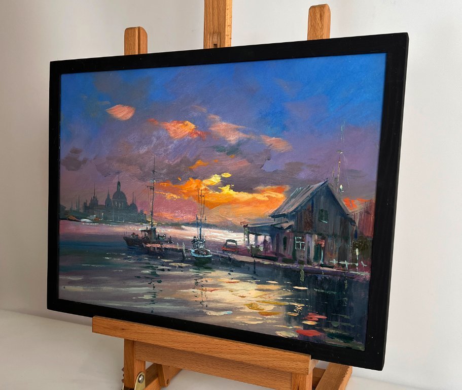 Original Oil Painting Countryside Landscape River Sunset Evening