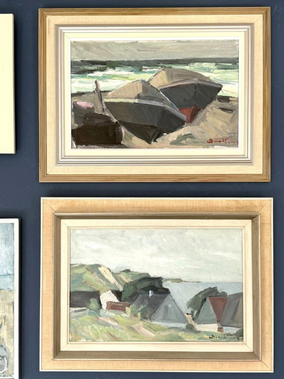Image 1 of Peinture à l'huile moderniste « Bateaux sur la plage » de Carl Berndtsson (1902-1982)