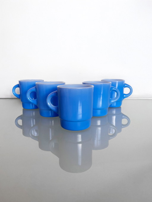  Vintage set of five blue Anchor Hocking Fire king 70s mugs
